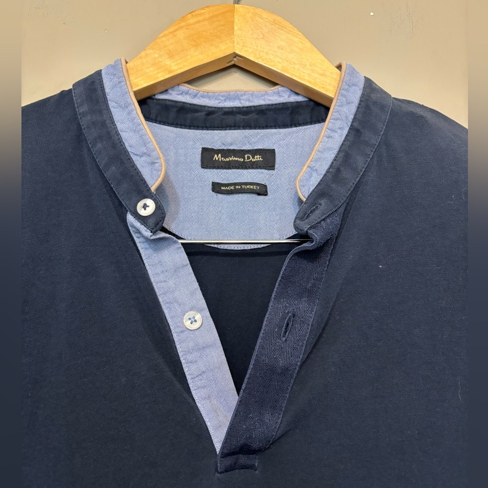 MASSIMO DUTTI Cotton Navy Short Sleeved Pullover Shirt - Picture 4 of 7